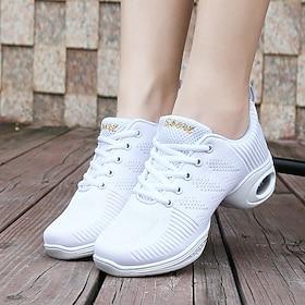 Women's White Mesh Breathable Jazz Dance Sneakers – Lightweight Lace-Up Air Cushion Shoes for Fitness, Zumba, Hip Hop  Practice Training