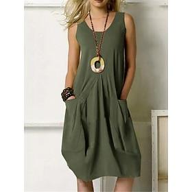Women's Midi Dress 100% Cotton Shift Dress Sundress Casual Dress Basic Classic Casual Daily Outdoor Regular Fit Pure Color Sleeveless U Neck ArmyGreen Navy Blu