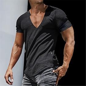 Men's T Shirt Rib Knit Top Muscle Shirt Ribbed Knit tee Short Sleeves V Neck Summer Plain Designer Basic Modern Contemporary Vacation Street Going out Black Wh