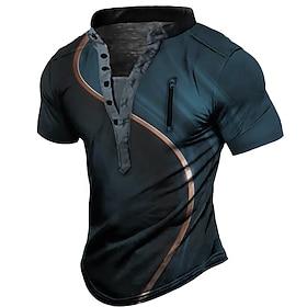Men's Graphic Color Block T shirt Henley Shirt Vintage Shirt Short Sleeve 3D Print Fashion Designer Casual Outdoor Daily Sports Summer Black / Green Pink Red N