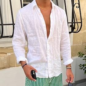 Men's Shirt Linen Shirt Summer Shirt Beach Shirt Untucked Shirts Plain Casual Daily Blue Black White Pink Long Sleeve Lapel Spring  Summer Clothing Apparel