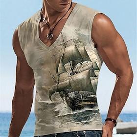 Men's Graphic Ship Tank Top Vest Top Sleeveless T Shirt for Men Sleeveless T shirt 3D Print V Neck Shirt Designer Casual Muscle Sports Running Gym Khaki Gray S