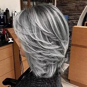 Silver Gray Ombre Layered Wigs with Curtain Bangs for Women Synthetic Short Light Grey Wig Layered Gray Wavy Bob Wig Highlight Grey Curly Bob Wig for Black Wom