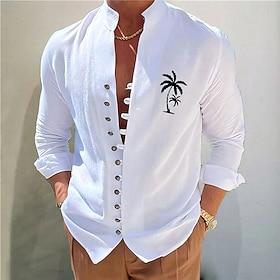 Men's Shirt Linen Shirt Beach Shirt Coconut Tree Casual Daily Blue White Orange Khaki Long Sleeve Stand Collar Summer Spring Clothing Apparel Print