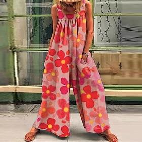 Women's Normal Overall Holiday Floral Sleeveless Wide Leg Square Neck Pocket Print Street Daily Regular Fit Yellow Light Green Pink Summer