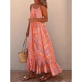 Women's Maxi long Dress Boho Dress Boho Chic Dresses Leaf Bohemia Casual Daily Holiday Ruffle Backless Sleeveless Halter Neck Dress Regular Fit Orange Summer S