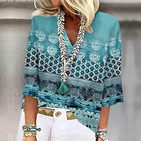 Women's Shirt Basic Print 3/4 Length Sleeve Regular Tops V Neck Casual Pink Blue Purple Green Khaki