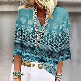 Women's Shirt Basic Print 3/4 Length Sleeve Regular Tops V Neck Casual Pink Blue Purple Green Khaki