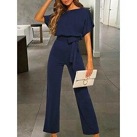 Jumpsuits for Women Summer Dressy Short Sleeve Belt Clean Fit Party Wide Leg Playsuit Long Pants Summer