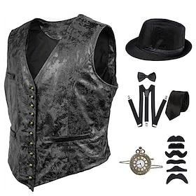 Vintage Roaring 20s 1920s Party Costume Vest Suspenders Sleeveless The Great Gatsby Gentleman Buckle Halloween Vintage Printing Button Down Collar Fancy Dress
