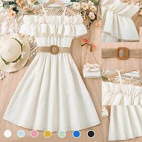 Kids Girls' Dress Solid Color Sleeveless Short Sleeve Outdoor Casual Ruffle Daily Casual Polyester Knee-length White Dress Casual Dress Summer 7-13 Years White