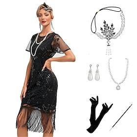 Roaring 20s 1920s Knee Length Short Length Flapper Dress Outfits Party Costume Illusion Sleeve Short Sleeves The Great Gatsby Wedding Guest Sequins Tassel Frin