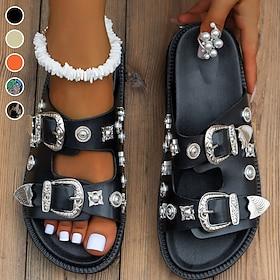 Women's Western-Inspired Black Slide Sandals - Silver Buckle Embellished Strappy Sandals for Boho and Casual Summer Outfits