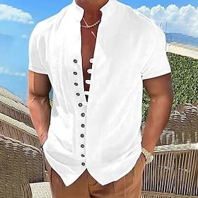 Men's Linen Shirt Summer Shirt Beach Wear Button Up Shirt Plain Vacation Curise Black White Pink Blue Short Sleeve Stand Collar Spring  Summer Clothing Apparel