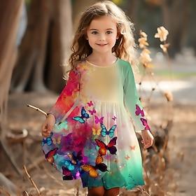 Girls' 3D Graphic Butterfly Dress Long Sleeve 3D Print Summer Spring Fall Vacation Sports  Outdoor Daily Cute Casual Beautiful Kids 3-12 Years Casual Dress A L