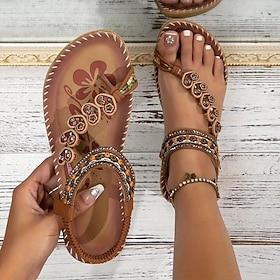 Women's Bohemian Beaded Sandals - Handmade Floral Embellished Flat Sandals for Summer Beach and Casual Wear