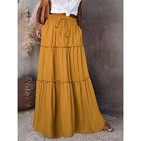 Women's Fashion Casual Maxi High Waist Skirts Solid Colored Ruched Drawstring Ruffle Daily Vacation Blue Violet Black Yellow Summer Cotton And Linen Polyester