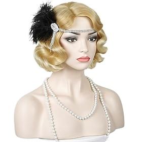 1920s Flapper Wavy Wig with Headband Finger Wavy Vintage Wig 20s curly wavy wig Dirty Blonde Cosplay Costume Hair Halloween Wigs