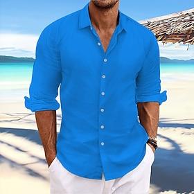 Men's Linen Shirt Summer Shirt Beach Wear Casual Shirt Button Up Shirt Plain Vacation Casual Light Yellow White Pink Dark Navy Long Sleeve Spring  Summer Cloth