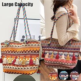 Bohemian Embroidered Canvas Tote Bag – Colorful Tassel Shoulder Handbag for Women, Casual Beach Travel Bag