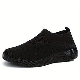 Women's Lightweight Black Slip-On Sneakers - Breathable Mesh Fabric, Comfortable All-Day Wear, Ideal for Work and Casual Outings