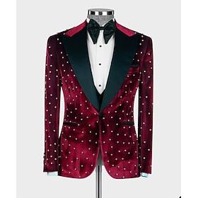 Men's Fall Velvet Blazer Jacket Beading Peak Lapel Groom Tuxedo Formal Dinner Party Wear Black Burgundy Blue Green 2024