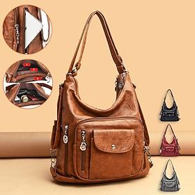 Women's Vintage-Style Brown Faux Leather Hobo Bag - Multi-Pocket Shoulder Bag for Everyday Use