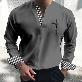Men's Shirt Dress Shirt Plaid / Check Outdoor Casual Blue Green Khaki Gray Long Sleeve V Neck Summer Fall Clothing Apparel Print