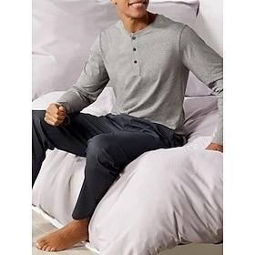 Men's Loungewear Sleepwear Pajama Set Pajama Top and Pant 2 Pieces Plain Stylish Casual Comfort Home Daily Cotton Blend Comfort Henley Long Sleeve T shirt Tee