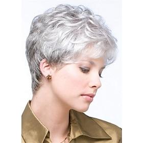 Short Curly Grey Pixie Wigs for White Women Sliver Grey Layered Synthetic Wig Natural Looking Pixie Cut Fluffy Wigs with Bangs