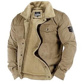 Men's Trucker Jacket Winter Coat Sherpa Jacket Pocket Office Career Date Casual Daily Outdoor Casual Sports Winter Plain Blue Green Khaki Puffer Jacket