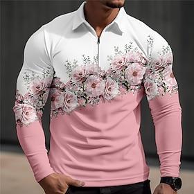 Kentucky Derby Men's Floral Hawaiian Polo Shirts Golf Shirt Long Sleeve Polo Shirts Collared Shirts Casual Beach Wear Vacation Wear Tropical Wear Party Outfits