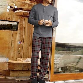 Men's Loungewear Sleepwear Pajama Set Pajama Top and Pant 2 Pieces Plaid Stylish Casual Comfort Home Daily Cotton Blend Comfort Henley Long Sleeve T shirt Tee