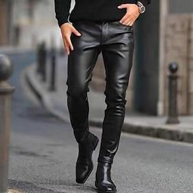 Men's Trousers Faux Leather Pants Casual Pants Pocket Plain Comfort Soft Outdoor Daily Going out Fashion Casual Black