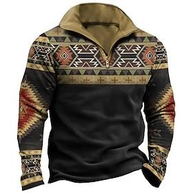 Men's Tribal Geometry Zip Polo Long Sleeve Polo Shirts Turndown Zip Vintage Outdoor Casual Daily Streetwear 3D Print Fall Winter Black