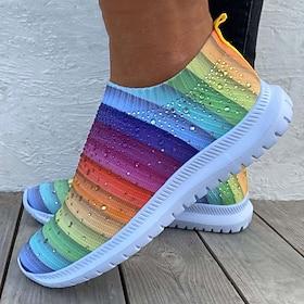 Women's Rainbow Slip-On Sneakers – Colorful Knit Athletic Shoes with Rhinestone Embellishments for Casual Wear and Walking
