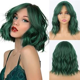 Green Wigs Dark Green Wavy Bob Wig with Curtain Bangs Synthetic Short for Women(Green)