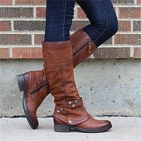 Women's Vintage Faux Leather Knee-High Riding Boots with Side Zipper and Decorative Straps – Perfect for Casual and Outdoor Wear