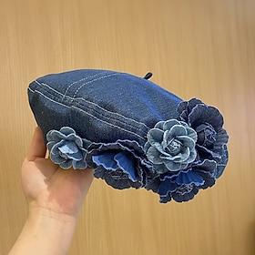 Vintage Flower Decor Beret Cap For Women Blue Denim Washed Berets Lightweight Octagonal Hat Classic Painter Hats