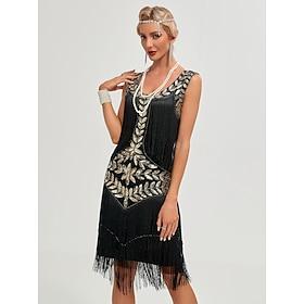 Roaring 20s 1920s Knee Length Dress Flapper Dress Sleeveless The Great Gatsby Charleston Wedding Guest Sequins Tassel Fringe Scoop Neck Fancy Dress Women's New