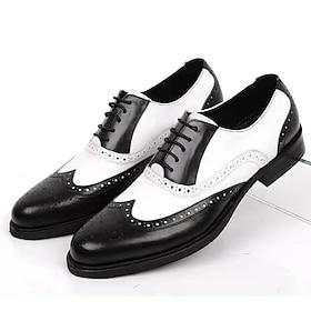 Men's Black and White Brogue Oxford Shoes with Wingtip Design, Perforated Detailing for Formal Events and Parties Weddings