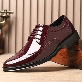 Men's Burgundy Patent Leather Wingtip Oxford Shoes – Classic Brogue Dress Shoes for Weddings, Business, and Formal Events