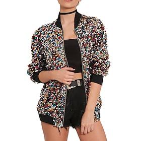 Women's Sequin Fitted Long Sleeve Zipper Blazer Bomber Jacket Retro Vintage Disco 1980s TS Style