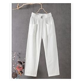 Women's Cotton Linen Pants Slacks Summer Pants Baggy Pants Solid Classic Ankle-Length Mid Waist Pocket Baggy Elastic Drawstring Design Comfort Breathability So