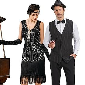 Retro Vintage Roaring 20s 1920s Flapper Dress Outfits Waistcoat The Great Gatsby Gentleman Sequins Tassel Fringe Fancy Dress Men's Women's New Year Masquerade