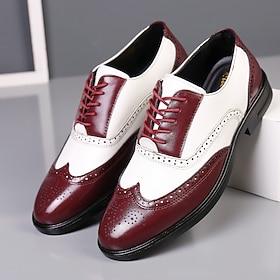 Men's White and Burgundy Wingtip Oxford Brogue Shoes, Gatsby-Inspired Glossy Leather Spectator Dress Shoes for 1920s Jazz Party, Vintage Wedding, and Themed Fo
