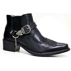 Men's Black Faux Leather Western Motorcycle Boots with Buckle Strap and Embroidered Detailing - Ankle Boots for Biker and Casual Wear