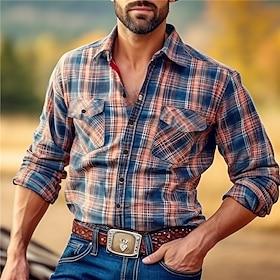 Men's Plaid Western Shirt Button Up Shirt Cowboy Shirt Long Sleeve Vintage Western Daily Wear Spring Fall  Winter Turndown Collared Shirts 3D Print Front Pocke