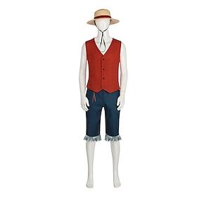 Ocean Adventurer Monkey D. Luffy Straw Hat Pirate Anime Cosplay Suits Halloween Carnival Vest Pants Hat For Men's Women's Adults'