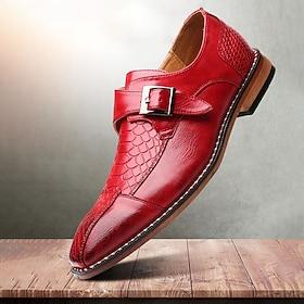 Men's Red Faux Leather Monk Strap Dress Shoes – Crocodile Pattern, Formal Wear for Business and Special Events